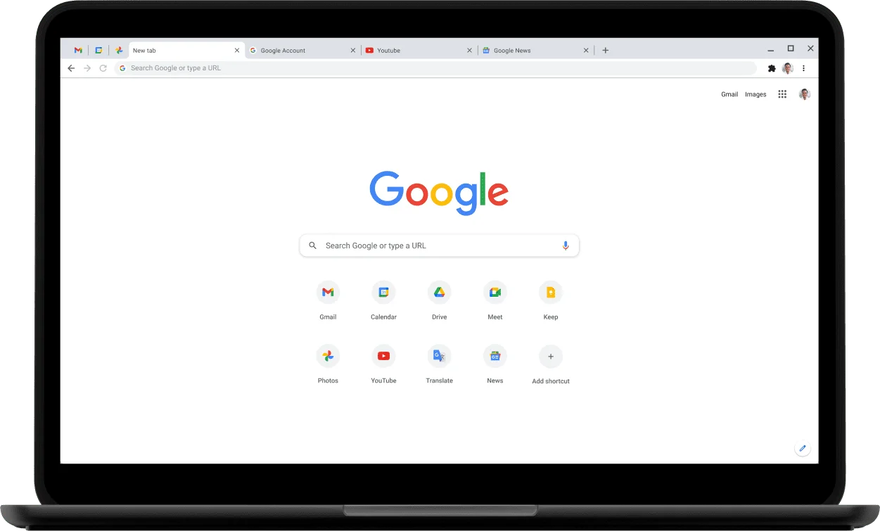 Top-left corner of a Pixelbook laptop with screen displaying Google.com.