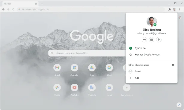 Chrome browser window displaying account and sync settings for Google Accounts, where sync is enabled.